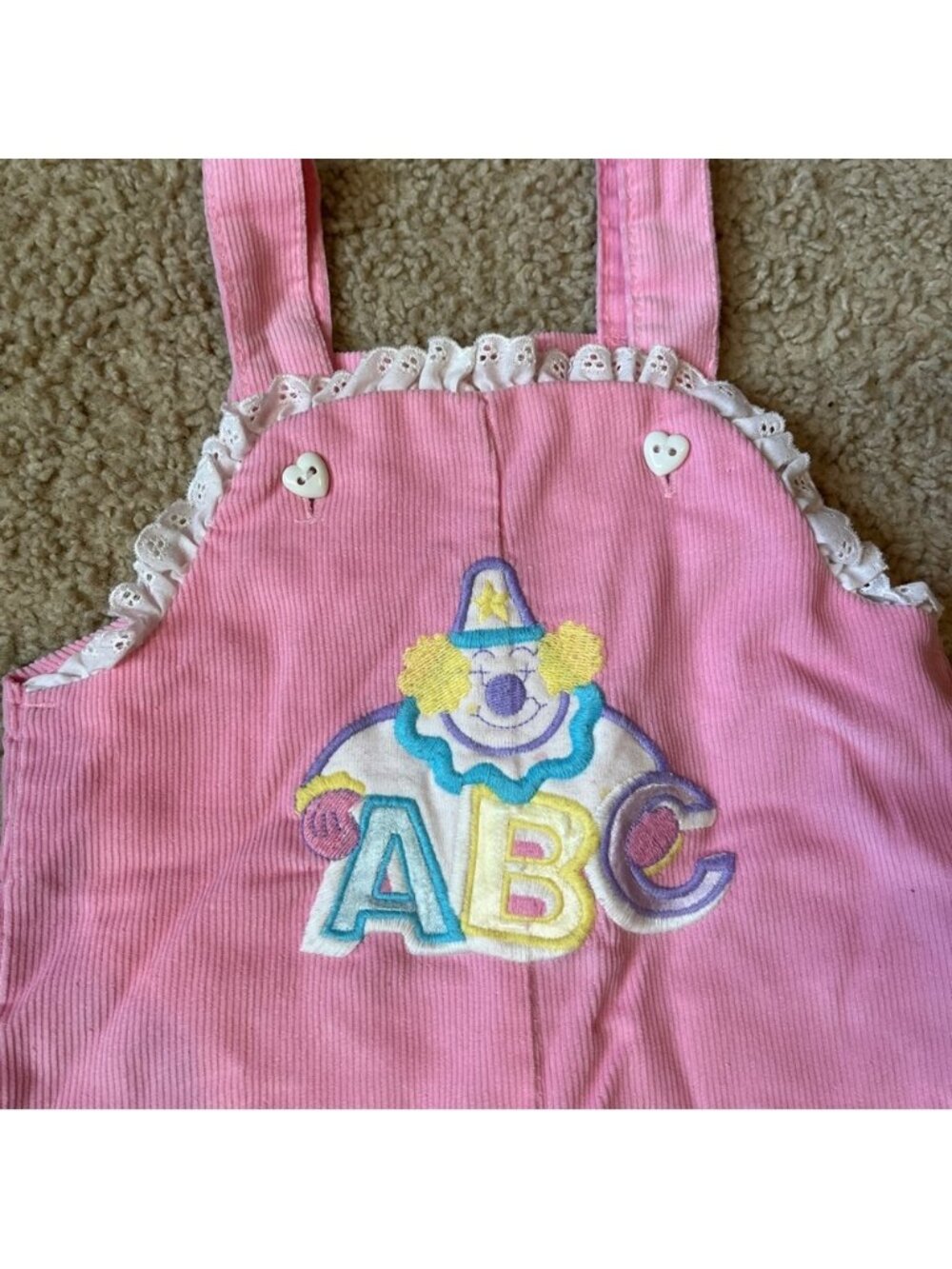 Vintage 80s Buster Brown 18m Baby Toddler Girl Pink Corduroy Overalls Clown ABC - Picture 8 of 10